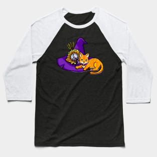 Orange Cat on a Witch Hat (purple) Baseball T-Shirt